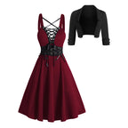 2025 Womens Gothic Dresses Sets Solid Color Open Front Crop Jacket and Lace Up Buckle Strap Crisscross Dress Outfit
