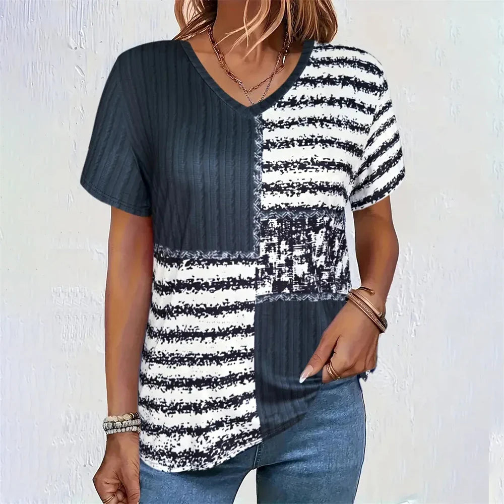 Checkered 3D Pattern Printed Women's V-Neck Short Sleeve Striped Minimally Printed Woman ClothingTop Women's Loose Women's Shirt