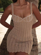 Elegant Knit Women's Summer Dress Elegant Pearl Decoration Square Collar Sleeveless Female Short Dresses Chic Ladies Beach Robe