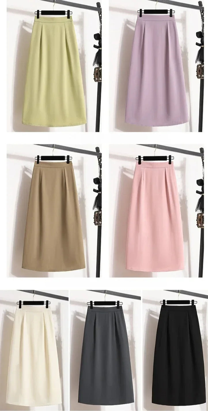 2025 Summer Female Fashionable Versatile Solid Skirts High Waisted Mid Length A-line Plus Size Skirt Split Wrap Body Skirt