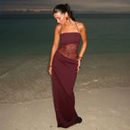Elegant Lace Cut Out Maxi Dresses for Women 2025 Sexy Spaghetti Strap Patchwork Holidays Party Dress Summer Backless Long Dress