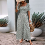 Bohemian Vacation Holiday Jumpsuit Women Pleated Wide Leg Rompers Chiffon Print Ethnic Playsuit Summer Casual Jumpsuits