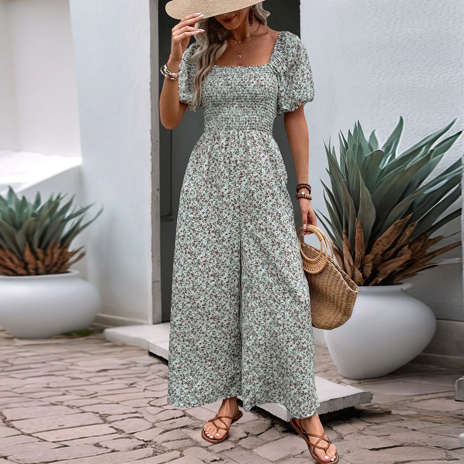 Bohemian Vacation Holiday Jumpsuit Women Pleated Wide Leg Rompers Chiffon Print Ethnic Playsuit Summer Casual Jumpsuits