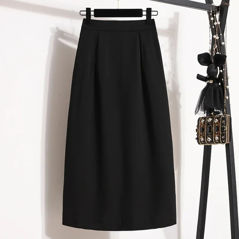 2025 Summer Female Fashionable Versatile Solid Skirts High Waisted Mid Length A-line Plus Size Skirt Split Wrap Body Skirt