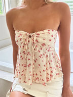 CHRONSTYLE Strapless Off Shoulder Ruched Tube Tops Women Front Tie-up Ruffles Summer Party Clubwear Tank fLORAL pRINT Mini Vest