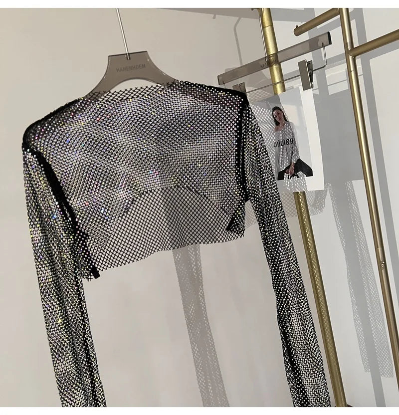 2023 new sexy bright diamond short top Slim thin Ms. hot drill long-sleeved T-shirt sexy leak waist nightclub