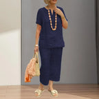 2Pcs Women Blouse Pants Set Solid Color Short Sleeve Loose Top Wide Leg Straight Pants Sets Casual Matching Tracksuit Outfit