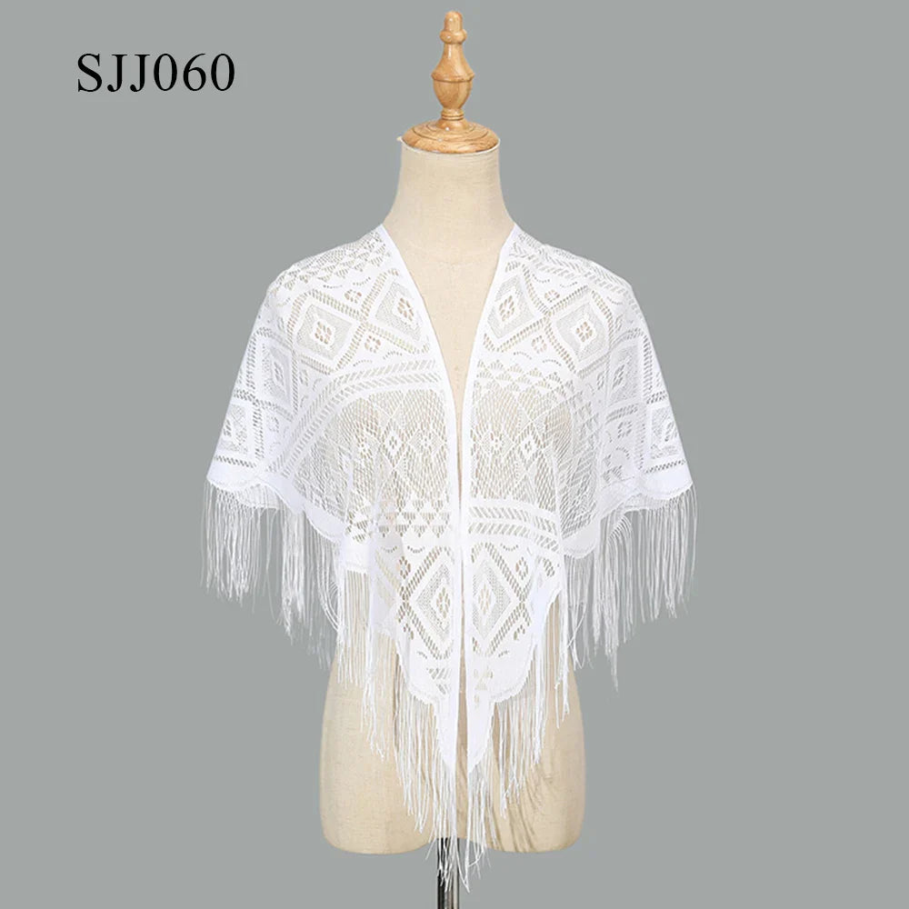 2024 White/Black Catholic Woman Spanish Style Lace Tassel Church Veil Head Covering Long Veil Floral Scarves Wedding Accessories