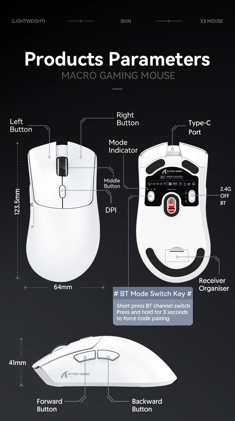 Attack Shark 18000DPI Wireless Mouse, 1000Hz,PAW3311,Bluetooth Tri-mode Connection, R1 Macro Gaming Mouse