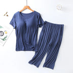 2025 summer new ladies modal pajamas two-piece suit with chest pad short-sleeved cropped trousers plus size home service set