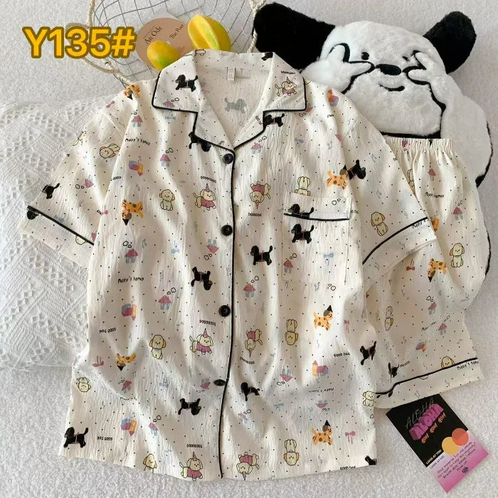 Cute Pink Cloud Cotton Spwear Bear Print Home Clothes Long Sve ort Sve Women's Comfortable Home Suit Summer Thin