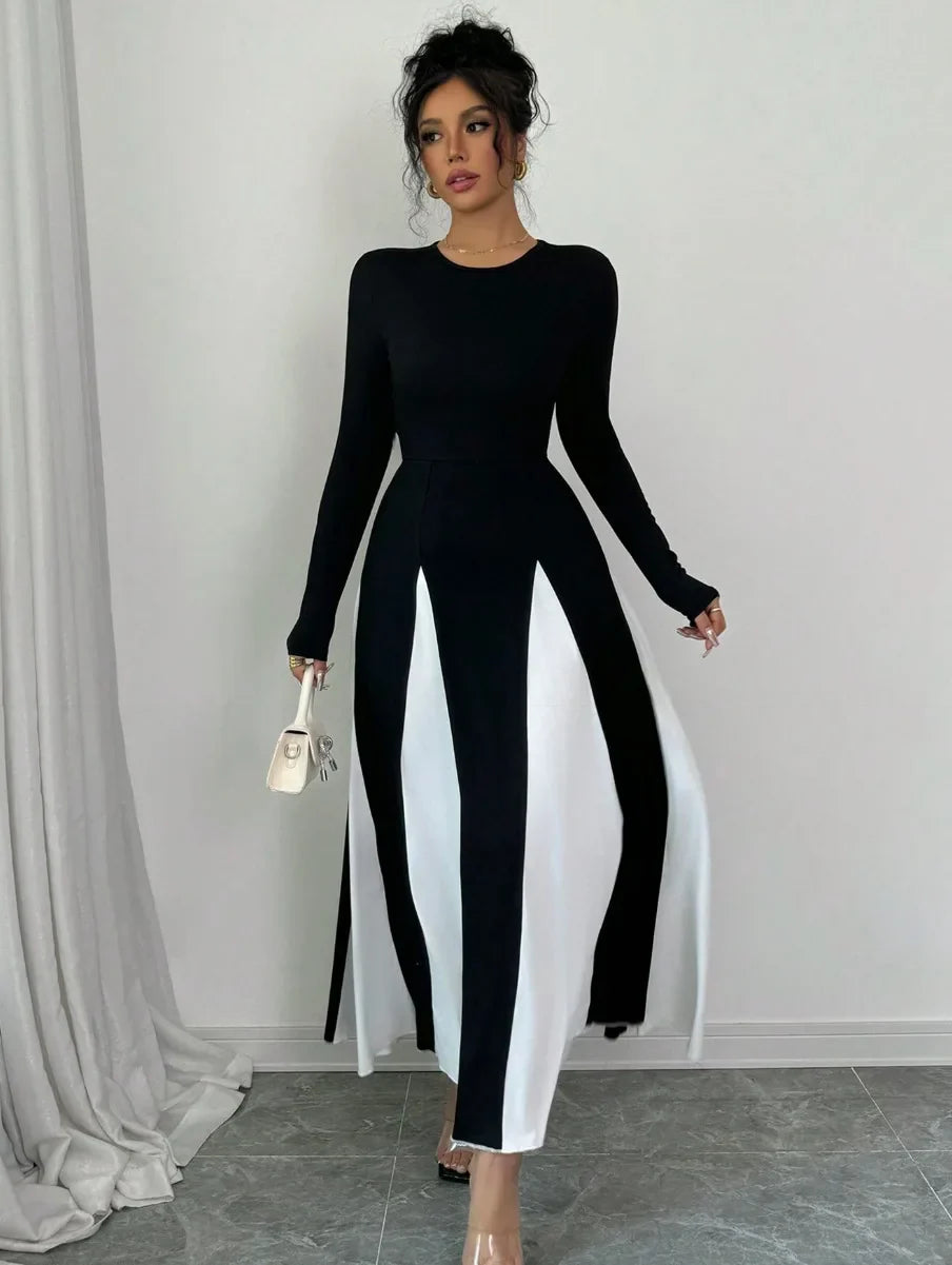 2025 Spring & Autumn Women's Long Sleeve Round Neck A Line Contrast Color Dress, Stylish Black & White Patchwork Long Dress
