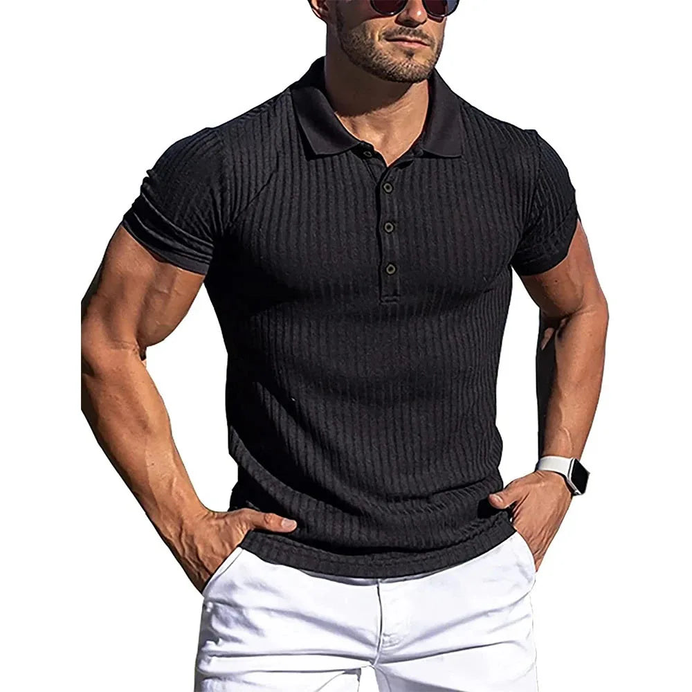 Brand Name Stylish Summer Polo - Men's Elastic Short Sleeve with Bold Stripes and Stand Collar