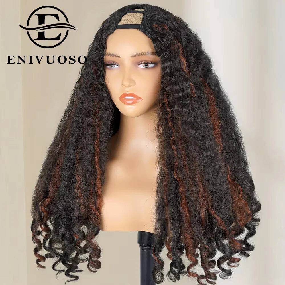 Afro Kinky Straight V Part Wigs with Bouncy Curls Short Synthetic Glueless Wigs for Black Women No Leave Out Clip in Half Wigs