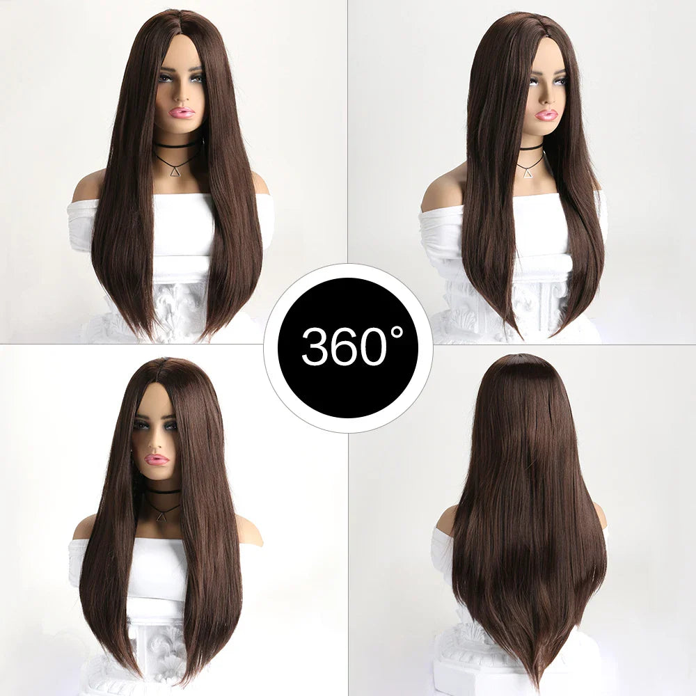 26 Inch Long Straight  Wig Mid  Bangs Women Black Ombre Heat Resistant Wigs For Daily Use Cosplay Halloween Costume Party