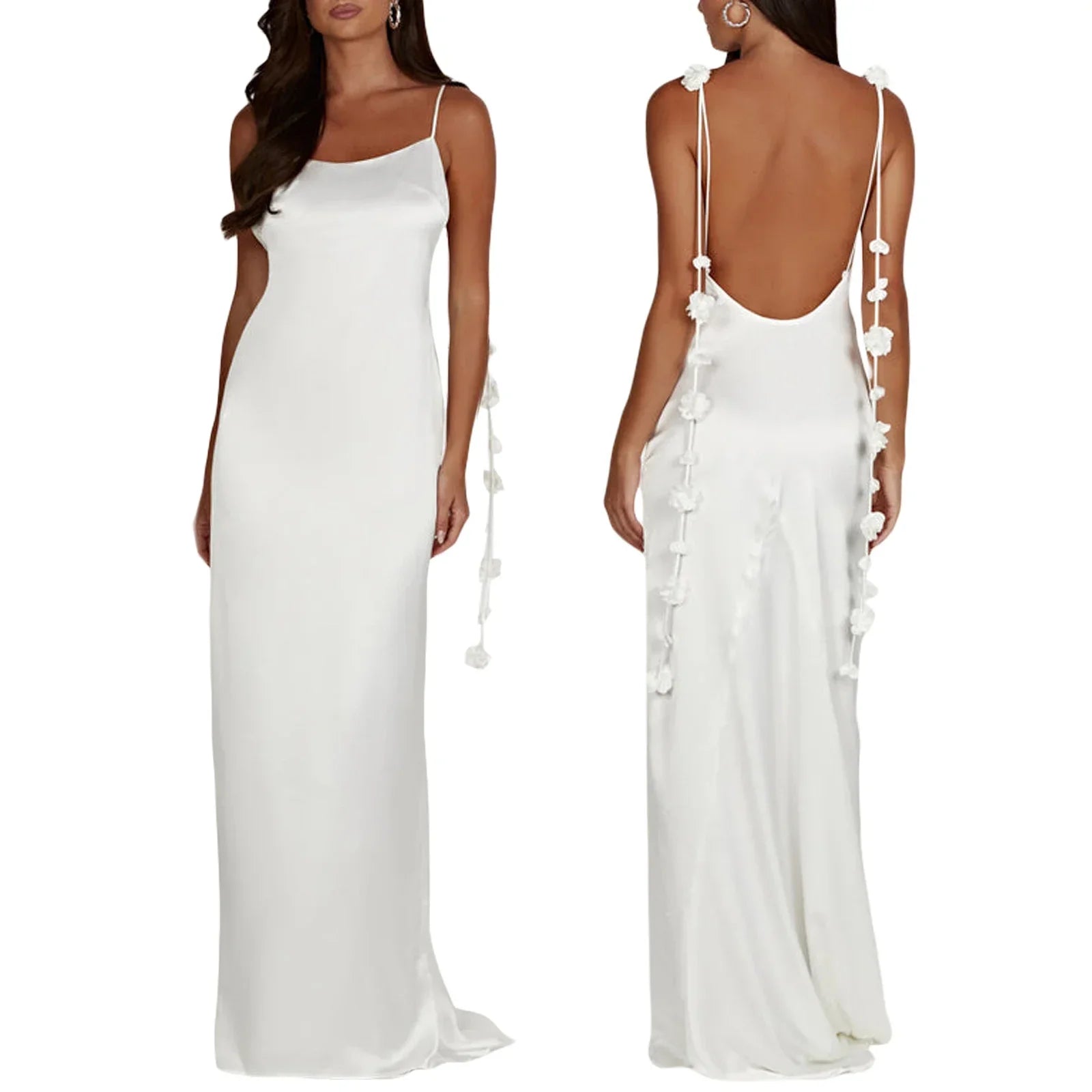 Combhasaki Women's Vintage Solid Color Flower Tassel Backless Sleeveless Summer Party Club Satin Maxi Long Bodycon Sling Dress