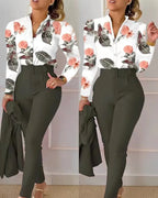 Elegant Women Printed Two Piece Suit Sets Spring Autumn V Neck Long Sleeve Shirt Top & Long Pants Set With Belt Workwear Outfits