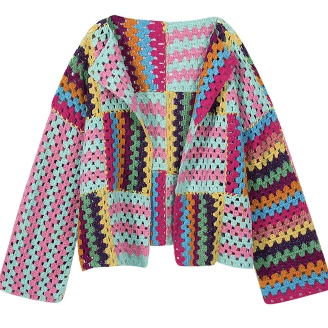 Colorful Crochet Knitted Hollow Cardigan Sweater Jacket New Top Loose Women's Clothing