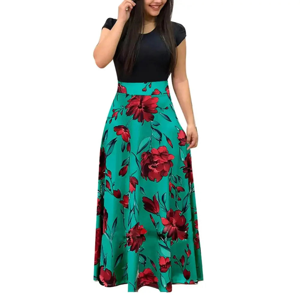 Elegant Women's Long Dress Flower Retro Printed Patchwork Long Sleeve Banquet Maxi Robe S-5XL