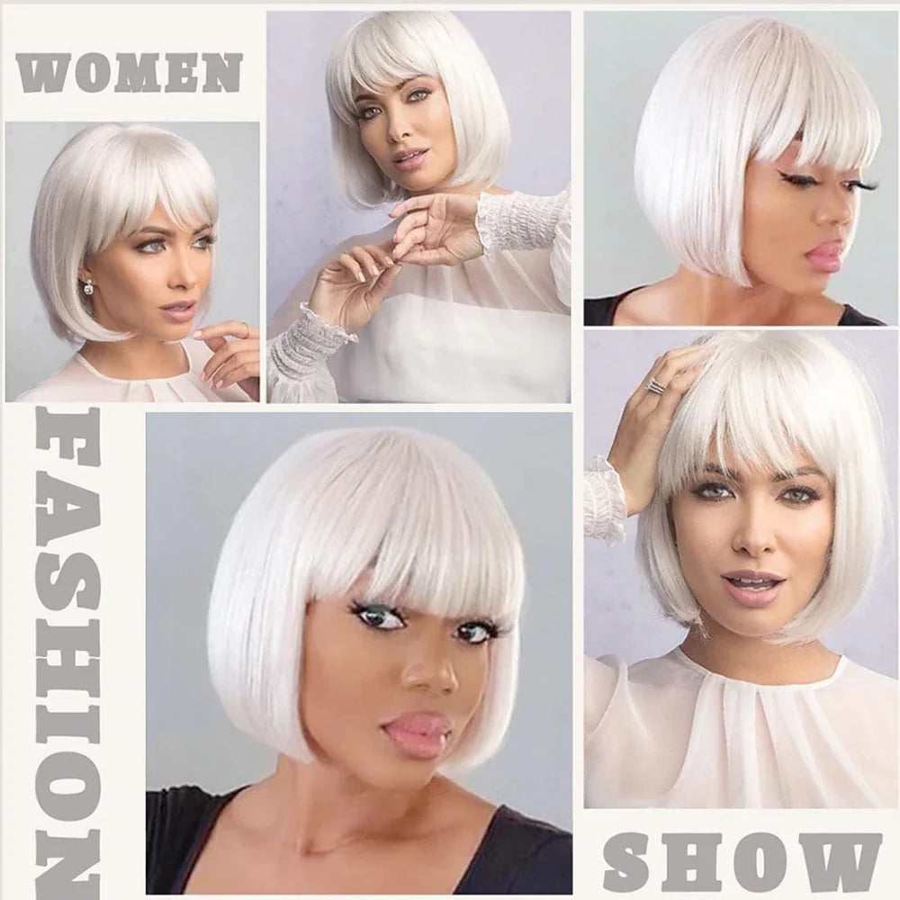 HAIRJOY Women Short  Straight  White Bob Wig with Bangs  Synthetic Hair for Daily Party Cosplay Halloween