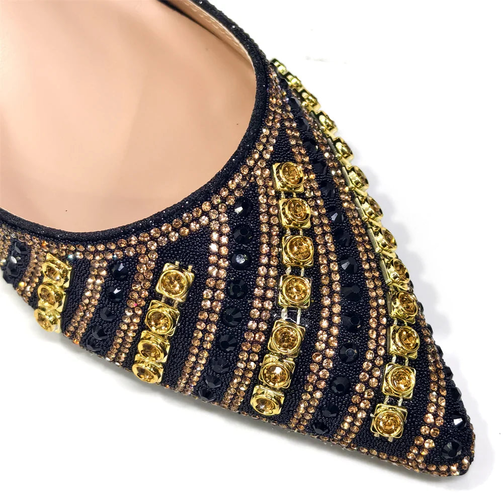 2025 Luxurious Italian Women's Party Shoes & Bag Set â€?Elegant Golden Rhinestone Spring/Summer Sandals with Pointed High Heels f