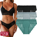 3PCS/Set Sexy Perspective Women Back Lace Panties Patchwork Cotton Underpants Hollow Out Lingerie Underwear Comfortable Briefs