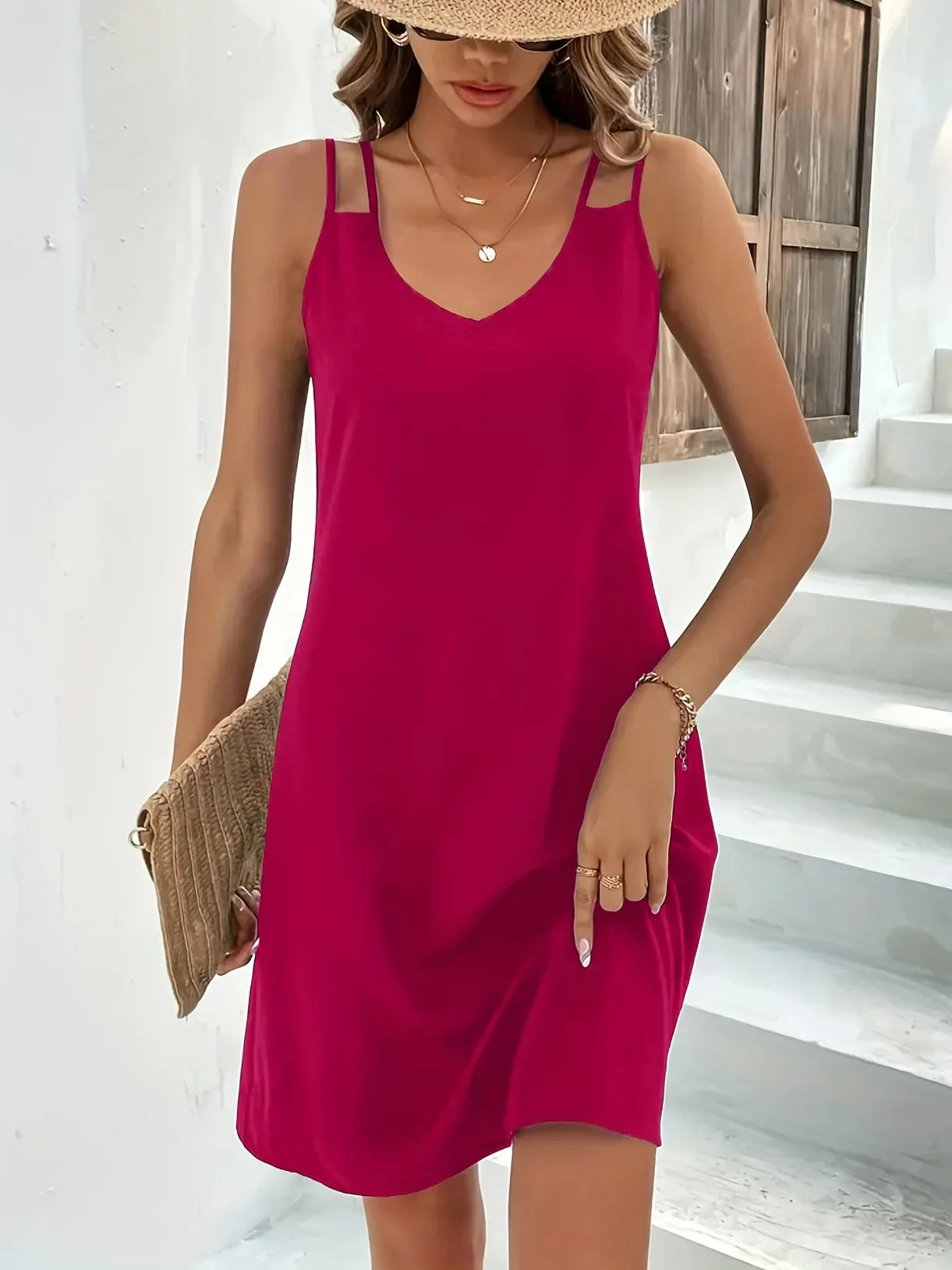 2024 New Summer Fashion Solid V Neck Hollow Dress Women's Double Straps Elegant Bodycon Sleeveless Vestidos