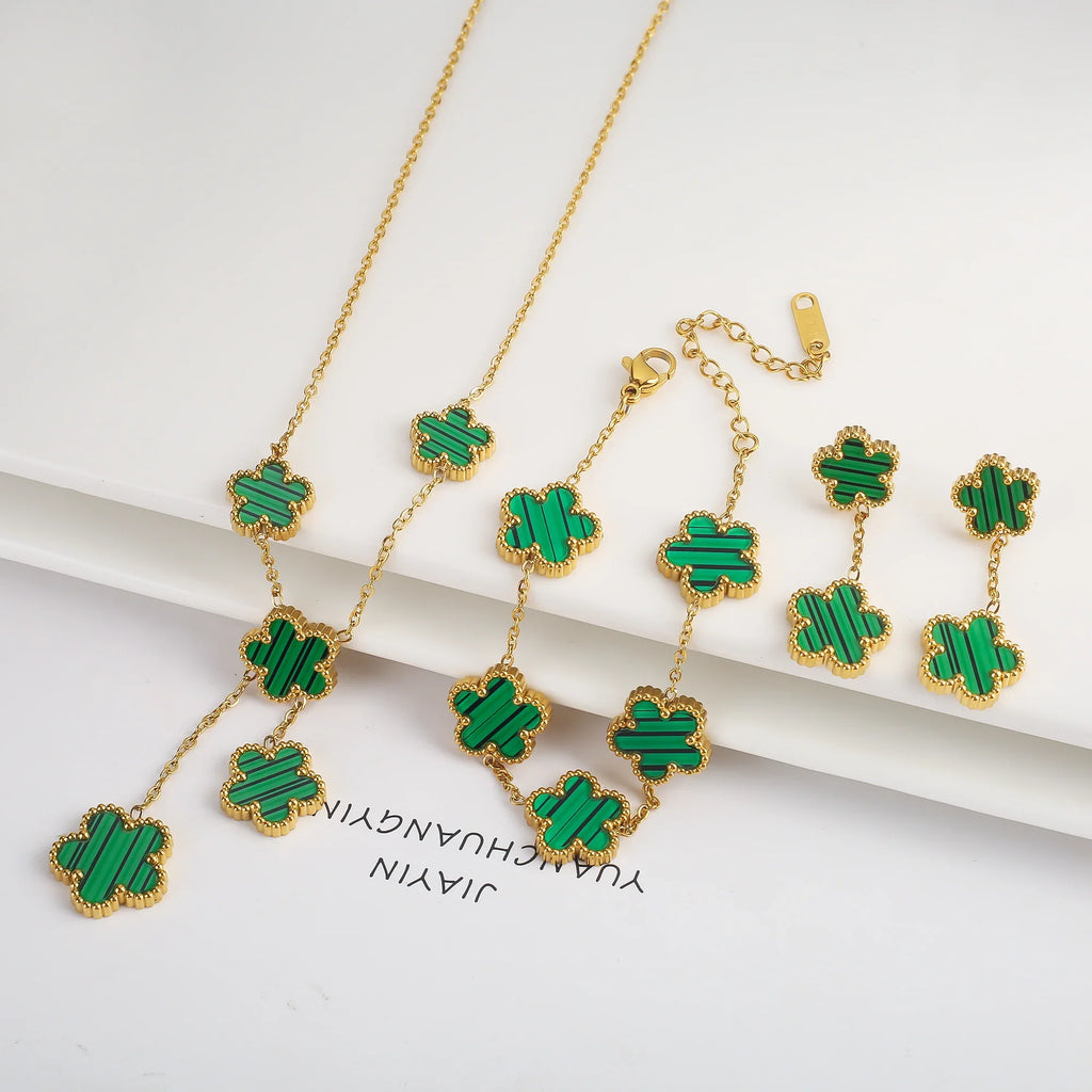 3Pcs Stainless Steel Hot Selling Gold Plated Clover Necklace Earrings Bracelet Jewelry Set Five Leaf Flower Jewelry For Women