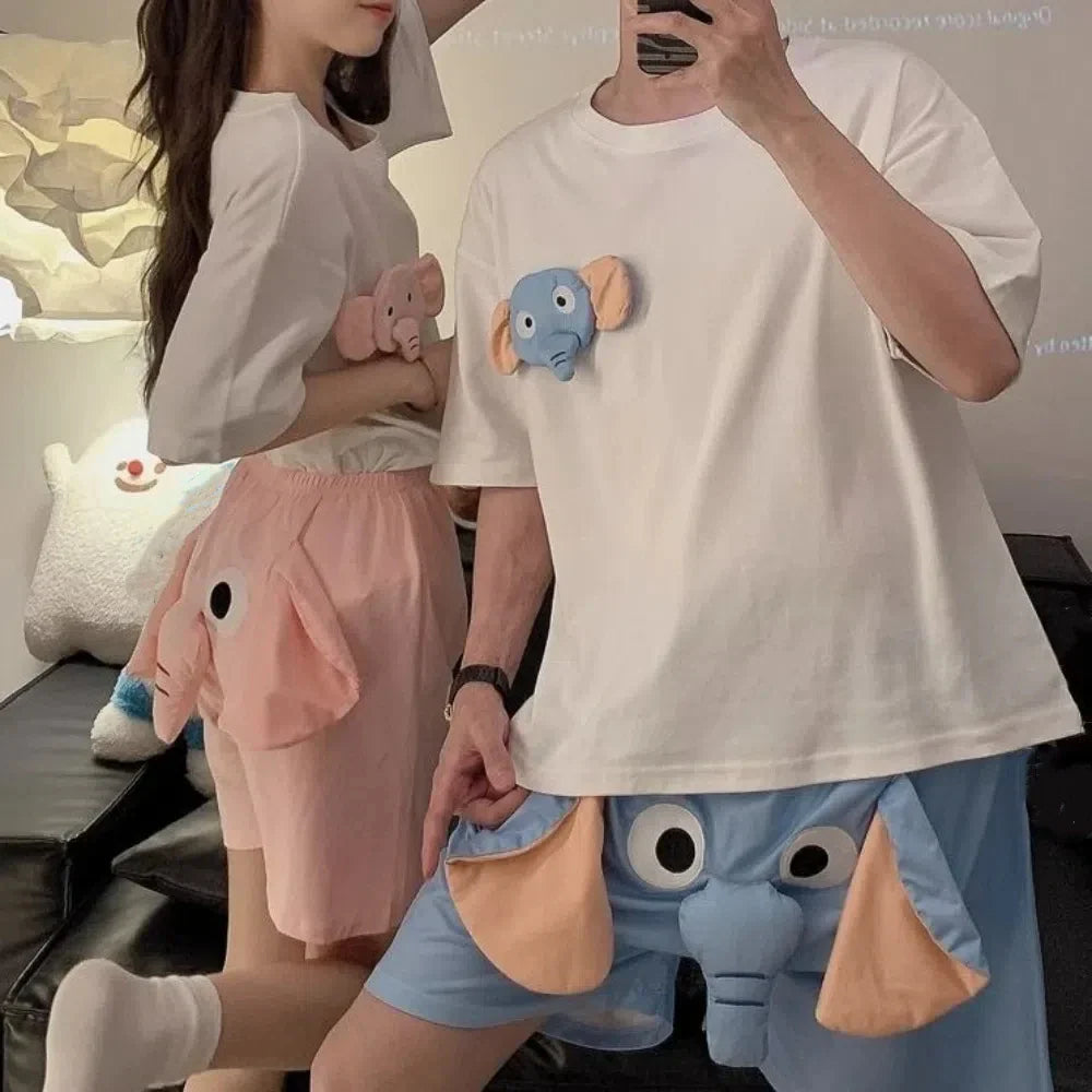 Cartoon 3D Ears Elephant Trunk Pajamas Nose Loose Short Sleeve Sleepwear Funny Couple Pajamas Suit Gifts