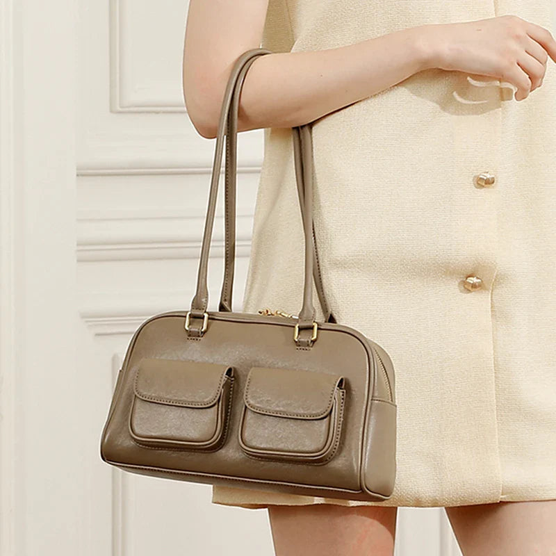 Burminsa Cowhide Genuine Leather Underarm Shoulder Bags For Women 2025 Luxury Designer Korean Bowling Tote Work Ladies Handbags