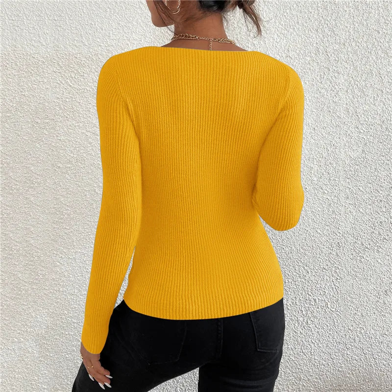 2025 Autumn Winter Women Solid Rib Knit V Neck Stripe Pull Sweater Femme Y2k Long Sleeve Pullover Jersey Tops Fashion Clothes