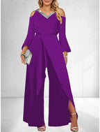 2024 Women's New Split Sequin Solid V-neck Basic Business Elegance Wide Leg Loose Sleeve Flare Sleeve Jumpsuit  Bodysuit