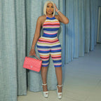 CUTENOVA Women'S Full-Body Printed Hanging Neck Tie Backless Skinny Five Points Jumpsuit Simple Casual Sexy Street Jumpsuit