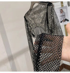 2023 new sexy bright diamond short top Slim thin Ms. hot drill long-sleeved T-shirt sexy leak waist nightclub