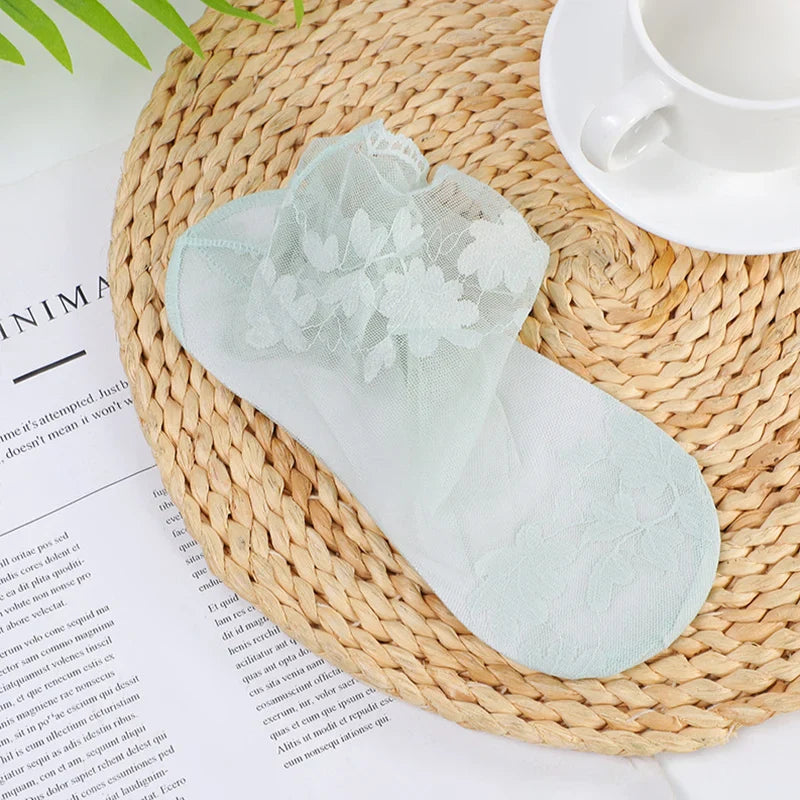 5 Pairs/Lot Socks women's Lace Transparent Lolita Invisible Summer Thin Non-slip Short  Ankle Black Low Cut Boat Sock