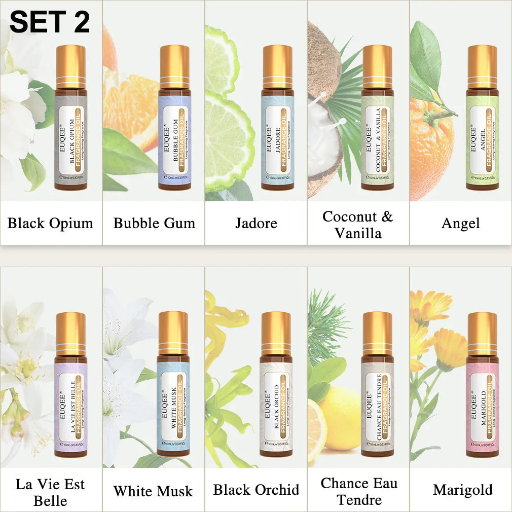 EUQEE 3PCS Fragrance Oils Roll-On Long Lasting Scent Coconut & Vanilla White Musk Baby Powder Fresh Linen Oud Wood Amber Romance