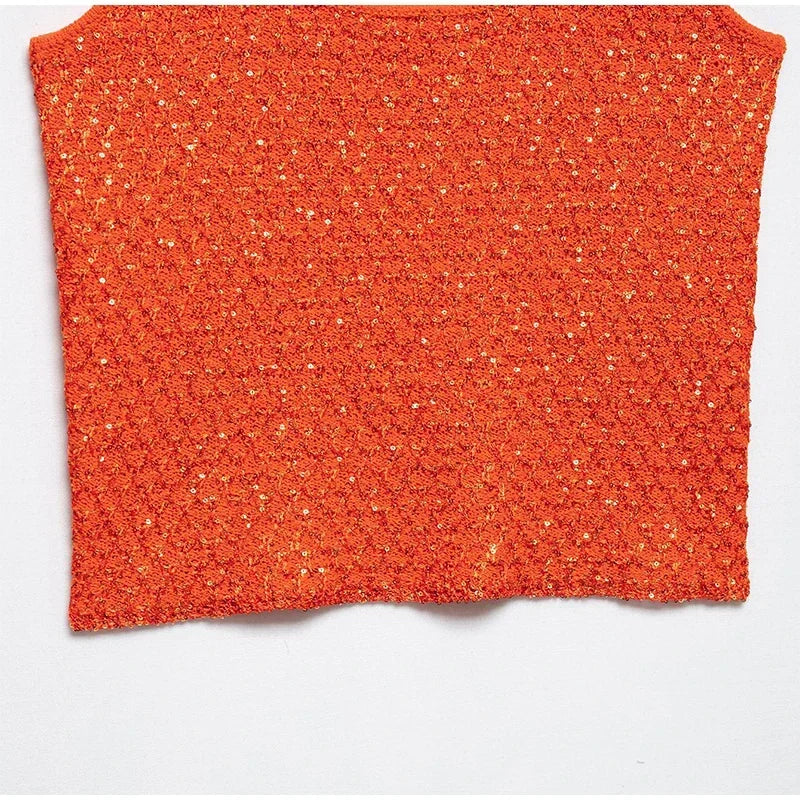 Elegant Sequined Orange Cardigans Women Y2k O-neck Short Sleeve One Button Female Tops 2025 Street Summer Lady Chic Knitwear