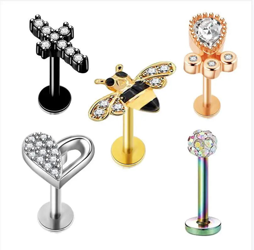 5PCS Flower Tragus Piercing Set Flat Back Cz Cartilage Stud Earring Helix Jewelry Conch Rook Stud Lot Labret Lip Piercing Bulk