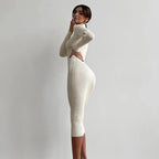 2024 New Autumn Knitted Turtleneck Dress Women Long Sleeve Bodycon Midi Dresses Female Elegant Fashion Solid Color Skinny Dress