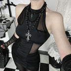 American Fashion Gothic Style Mesh Black Silk Sexy Trousers Suit Women's Summer Street Hip-hop Y2K Black Flared Pants