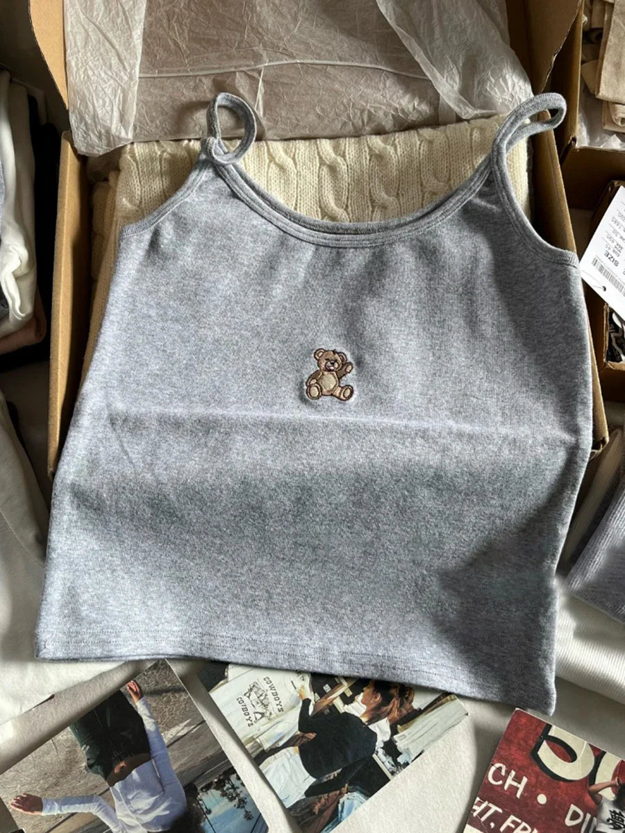 Cute Animal Embroidery Tank Tops Women Summer Lace Trim Cotton Sleeveless Camisole Vests Solid Vintage Sweet Slim Crop Top Y2k