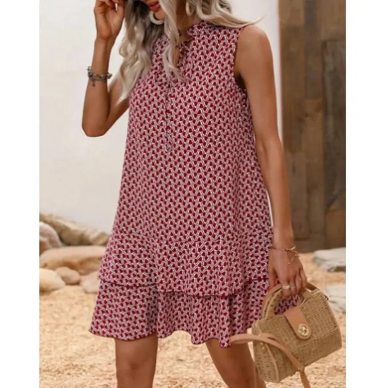 2025 Elegant Women's Casual Loose Ruffle Mini Dress Summer Bohemian Printed V-neck Lace-up Small Flying Sleeve Dresses For Women