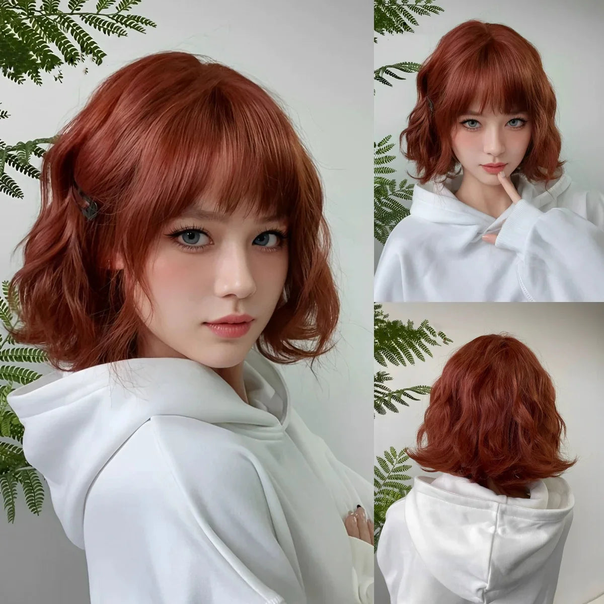 Allbell Magique Short Wavy Wig Bob Curly Wig With Bangs Dirty Orange Lolita Wigs Natural Synthetic Wig For Woman Heat Resistant
