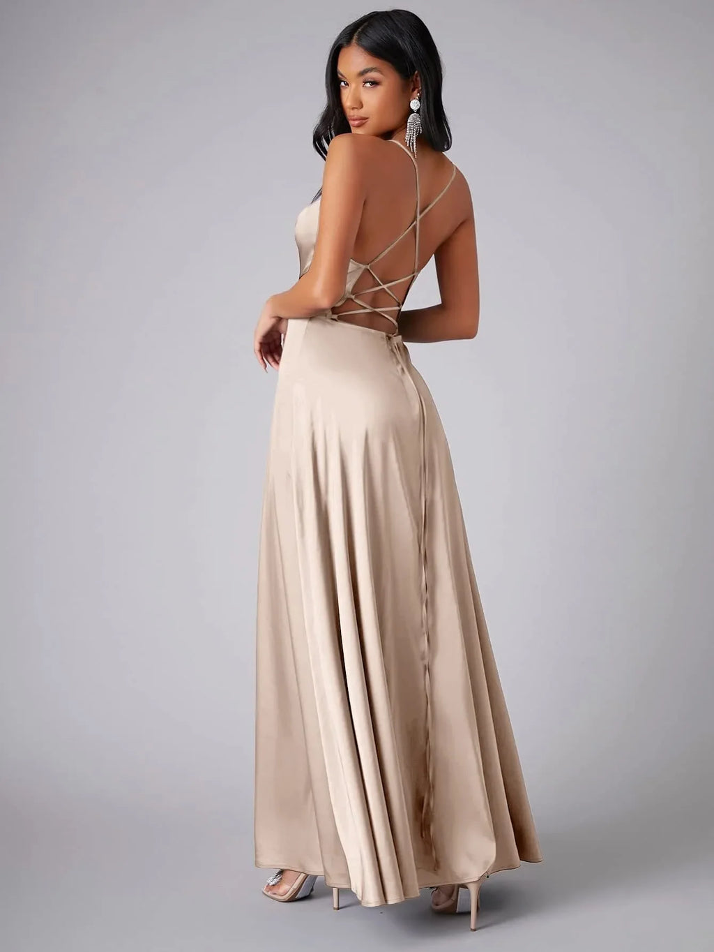 Backless Slimming Long Evening Dress Women Sexy V Neck Sleeveless Gown With Waist Tie For Formal Party Wedding Guest Maxi Dress