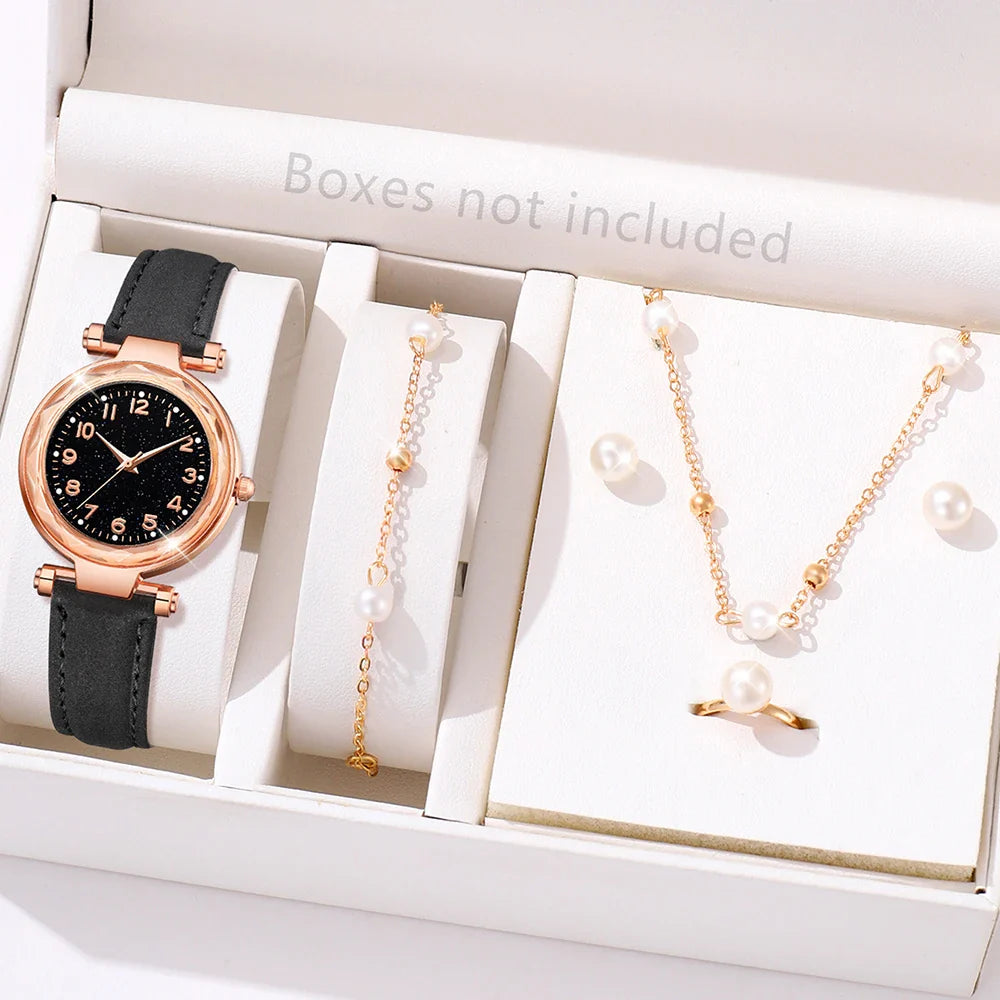 6PCS/Set Red Women's Watch With Minimalist Elements Dial Quartz Watch Latex Strap Cherry Elements Jewelry Set Girl's Gift