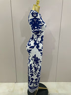 2025 New Sexy Short Sleeve Jacquard Blue Bandage Bodycon Long Dress Women Celebrity Elegant Evening Club Party Luxury Dresses