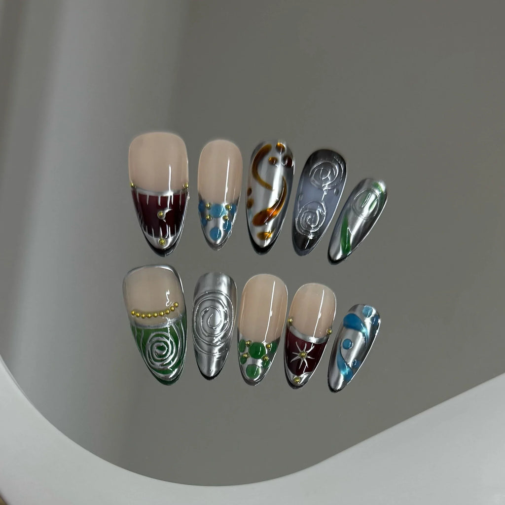 10pcs Handmade Press on Nails Y2k Starry Night Sky Almond Fake Nail Tips Detachable Wearable Sweet Cool False Nails for Girls