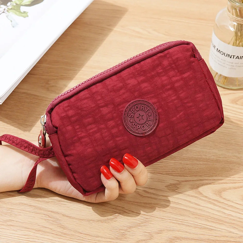 Bags Fabric Phone Purse Solid Color Coin Purse Three Zippers Bags Korean Style Wallets Women Wallets Wrinkle Clutch Bag