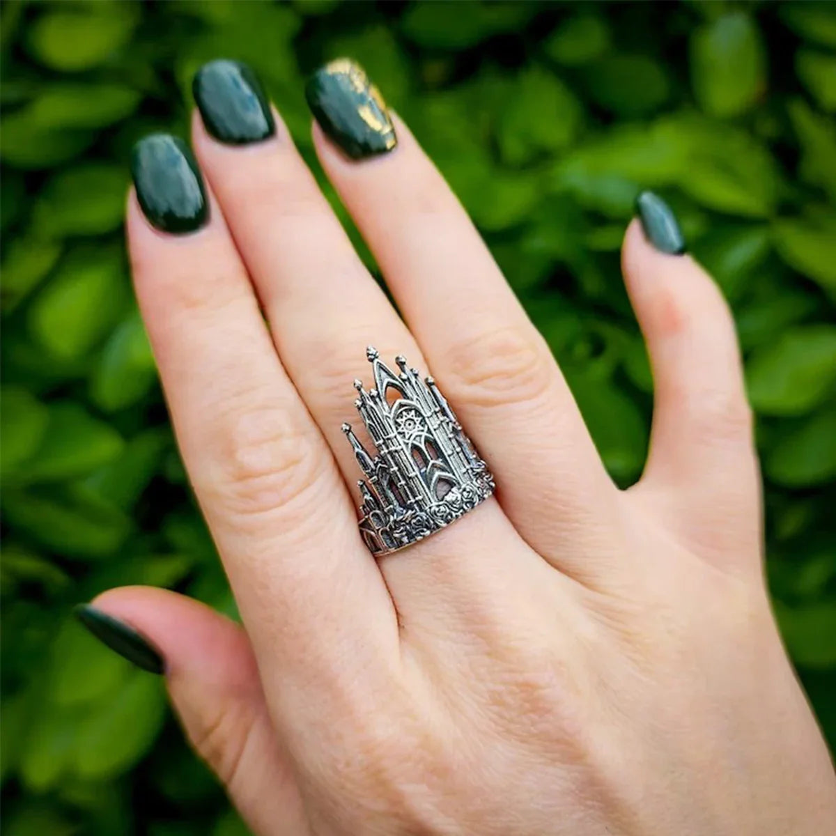 1pc Vintage Castle Architectural Style Hollow Out Fiowers Geometry Gothic Metal Silver Color Open Ring Woman Party Prom
