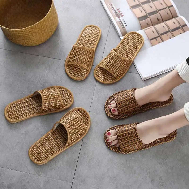 Bamboo Rattan Grass Summer Home Couple Wholesale Street Stall Indoor Thickened Soft Bottom Wooden Floor Home Linen Slippers